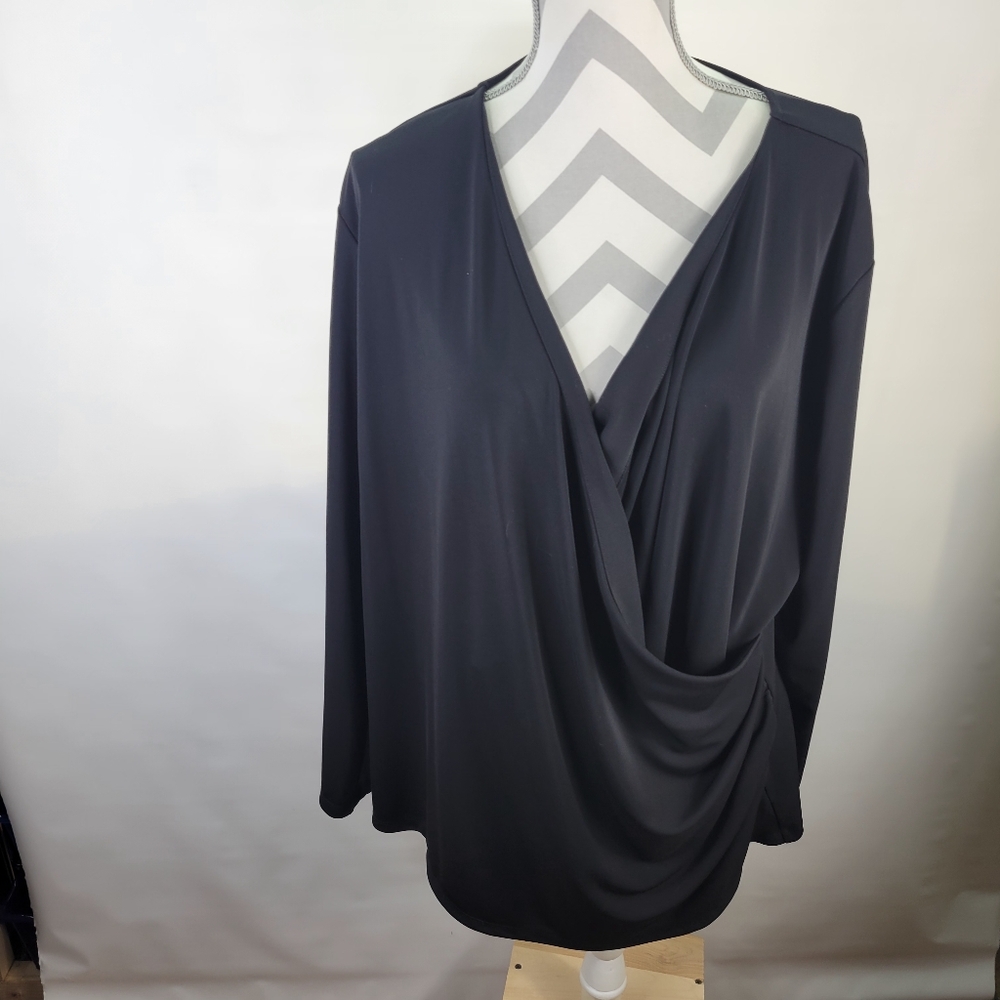 Talbots Plus Black Faux Wrap Top Side Rouching Deep V Size 3X Long Sleeve